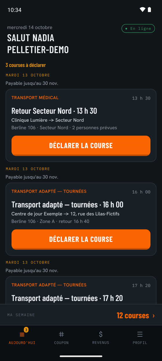 Application chauffeur, onglet Aujourd’hui : « Salut Nadia Pelletier-Demo », trois courses à déclarer le mardi 13 octobre, chacune avec son trajet, son véhicule et le bouton Déclarer la course, puis la barre des quatre onglets.