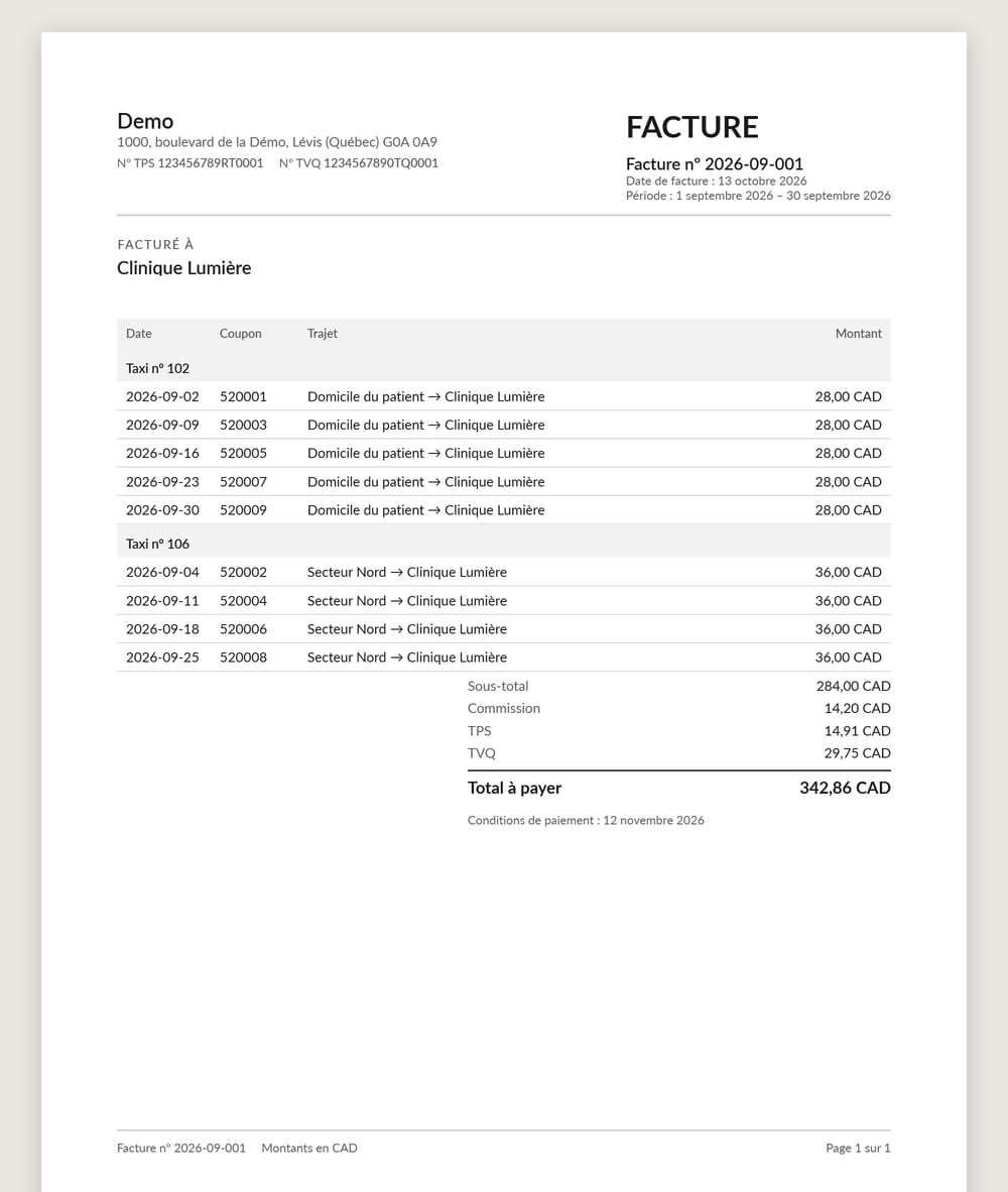Facture PDF produite par Karnet pour un client : les courses par taxi, le sous-total, la commission, la TPS, la TVQ et le total à payer.